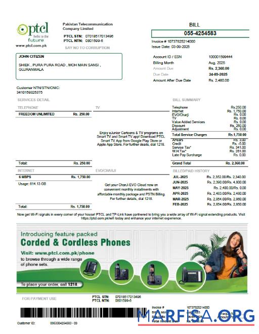 Printable Pakistan PTCL utility bill template in Word and PDF formats